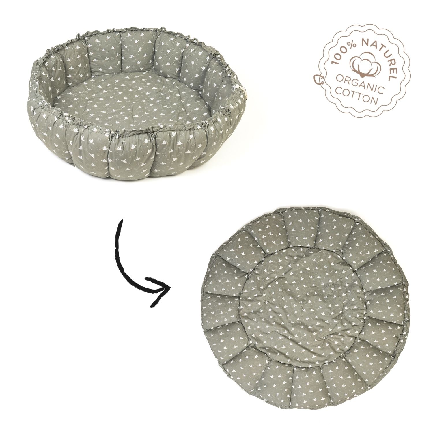 detail of bloom birds babymat, from crib to mat, label organic cotton