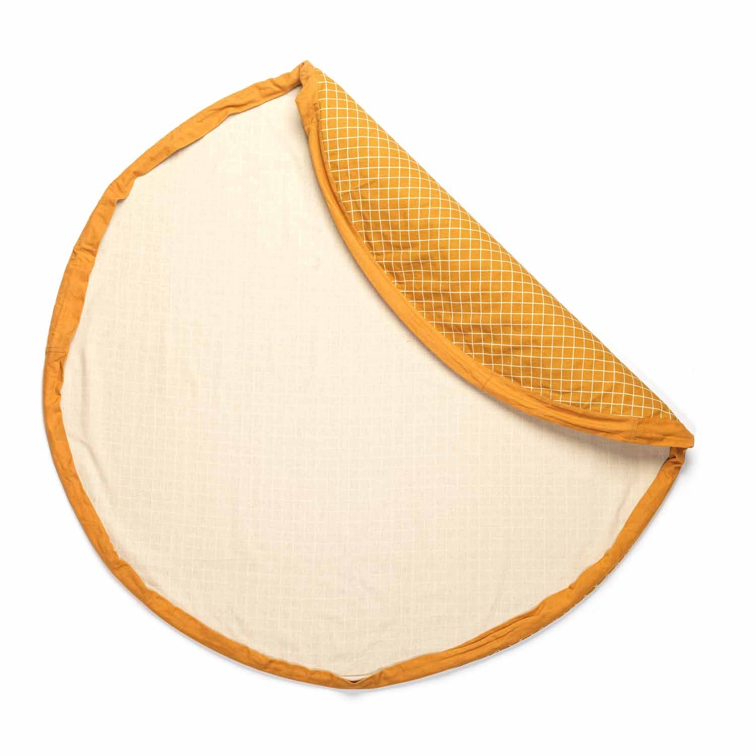 detail picture open organic grid mustard storage bag, folded piece