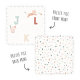 Puzzlemat with details on tile - game for kids alphabet and terrazzo pattern