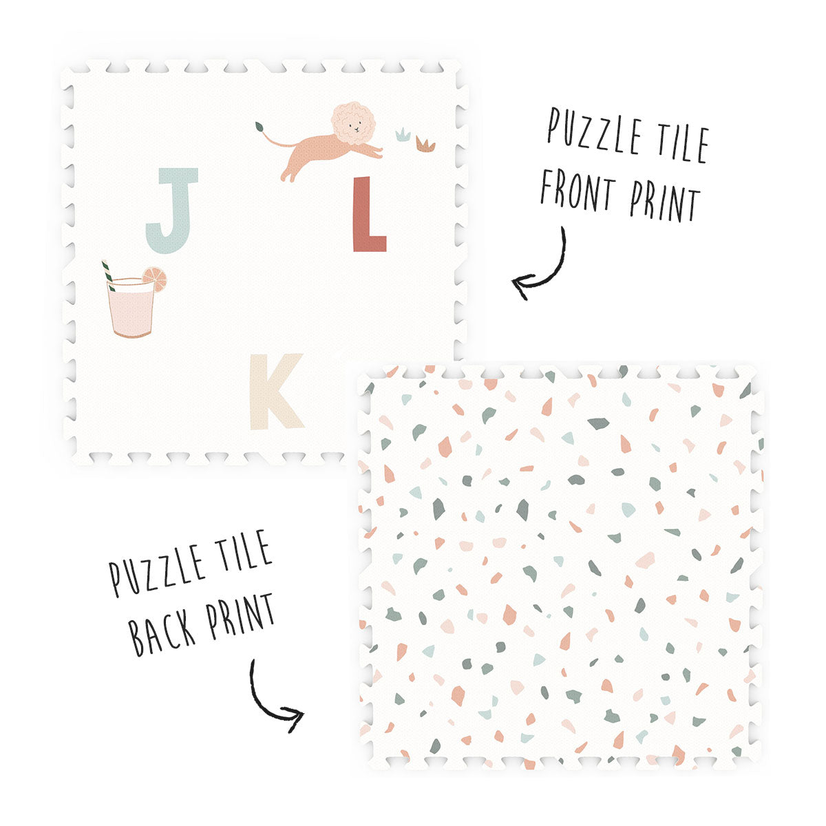 Puzzlemat with details on tile - game for kids alphabet and terrazzo pattern