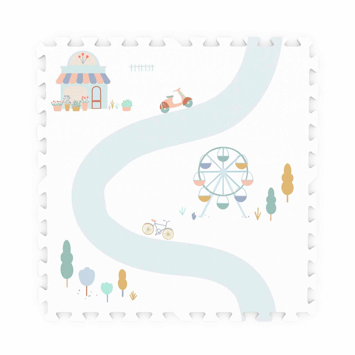 detail picture of EEVAA village/terrazzo foam puzzle mat, one piece of front side