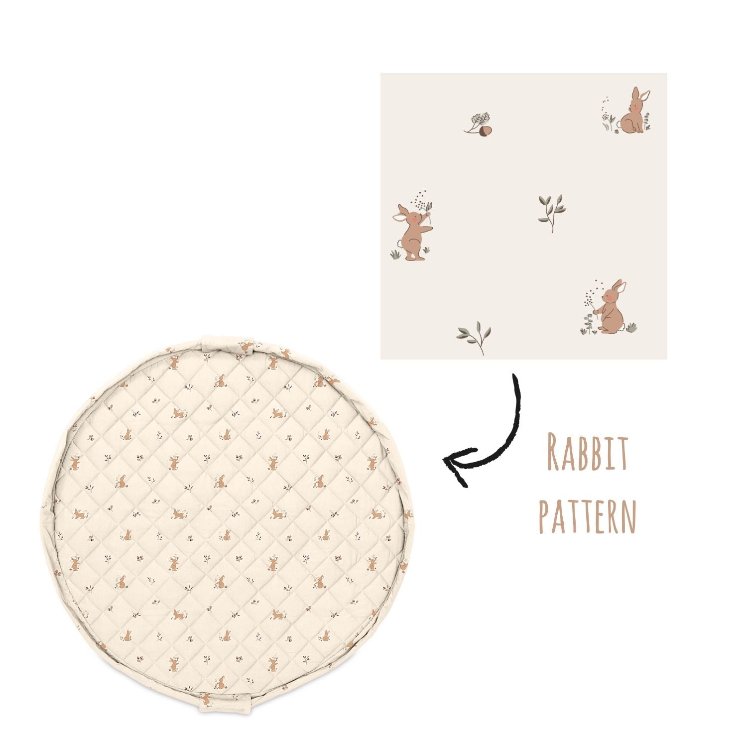 detail of soft organic rabbit babymat, close up of rabbit pattern
