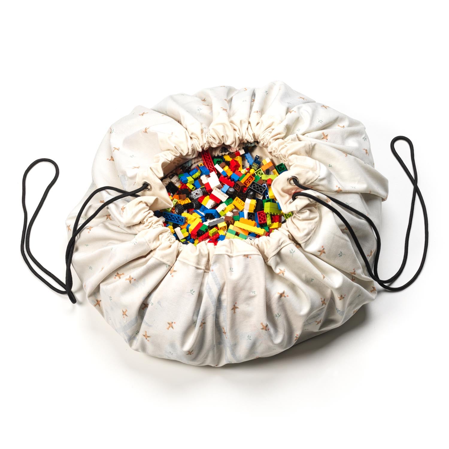 farm storage bag and play mat, birds print, filled with lego