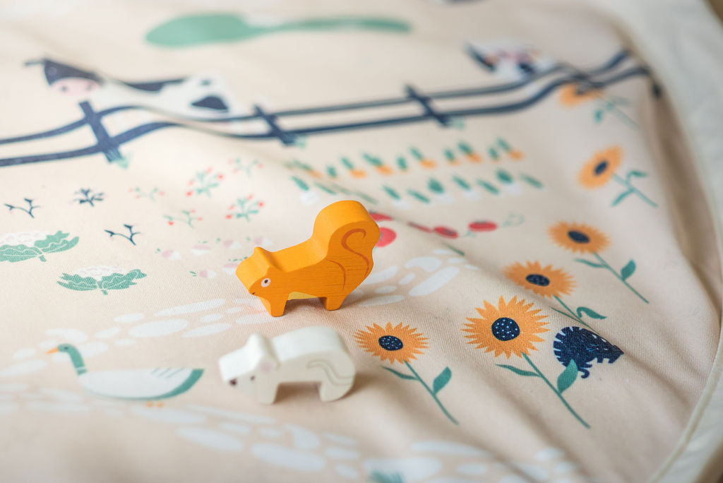 farm toy storage bag and play mat, wooden animal toys on mat
