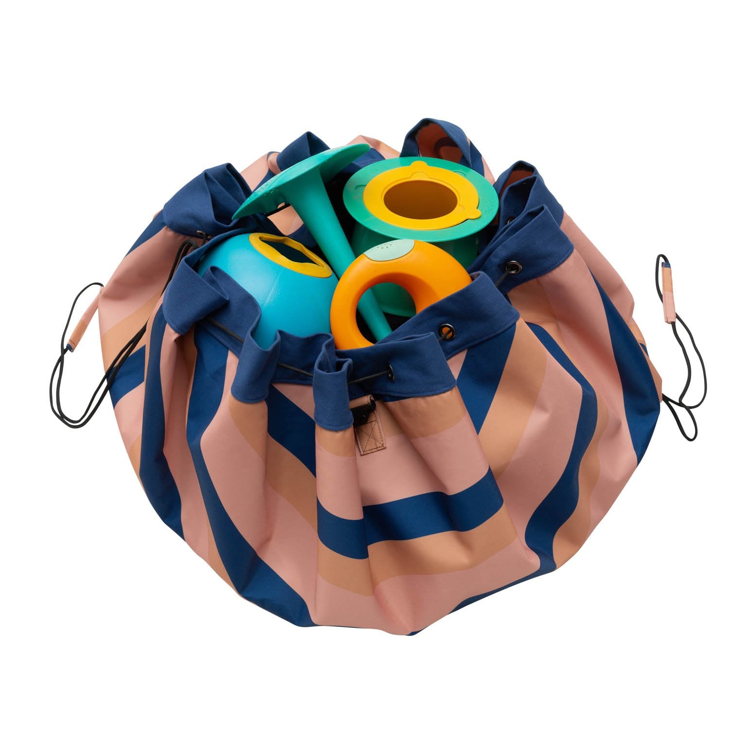 Play&Go outdoor storage bag and play mat, filled with toys, mokka stripes